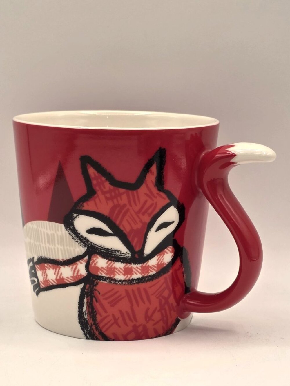 VTG STARBUCKS RED FOX MUG Tail Handle 2016 Christmas Limited Edition Plaid Scarf